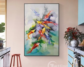 Koi Fish Painting Abstract wall art Framed Fengshui Fish Painting Zeng art Textured Wall Art Extra Large Canvas Wall Art living room decor