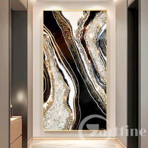 Resin Geode Wall Art Abstract Gold and Black Epoxy Crystal Wall art Geode Glitter Wall decor, Resin Artwork 3D Painting