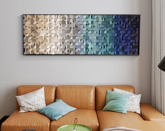 Wood wall art Ombre Art blue Mosaic painting Modern wall sculpture 3D painting ,Abstract wood painting Extra Large wall art home decor