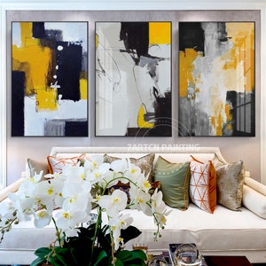 Set of 3 Frame Wall Art Abstract Acrylic Painting on Canvas Black Yellow Color abstract acrylic Large painting Original 3 piece wall art image 4