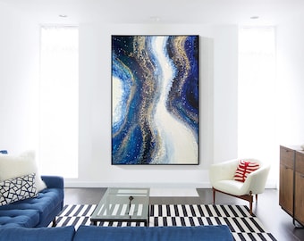 Abstract Fluid Resin Canvas Art, Blue and Gold Marble Wall Decor, Modern Large Vertical Fluid Wall Art, Luxury Home Office Store Wall Decor