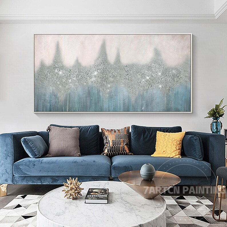 Silver Glitter Framed Wall Art Modern Abstract Blue Oil Etsy