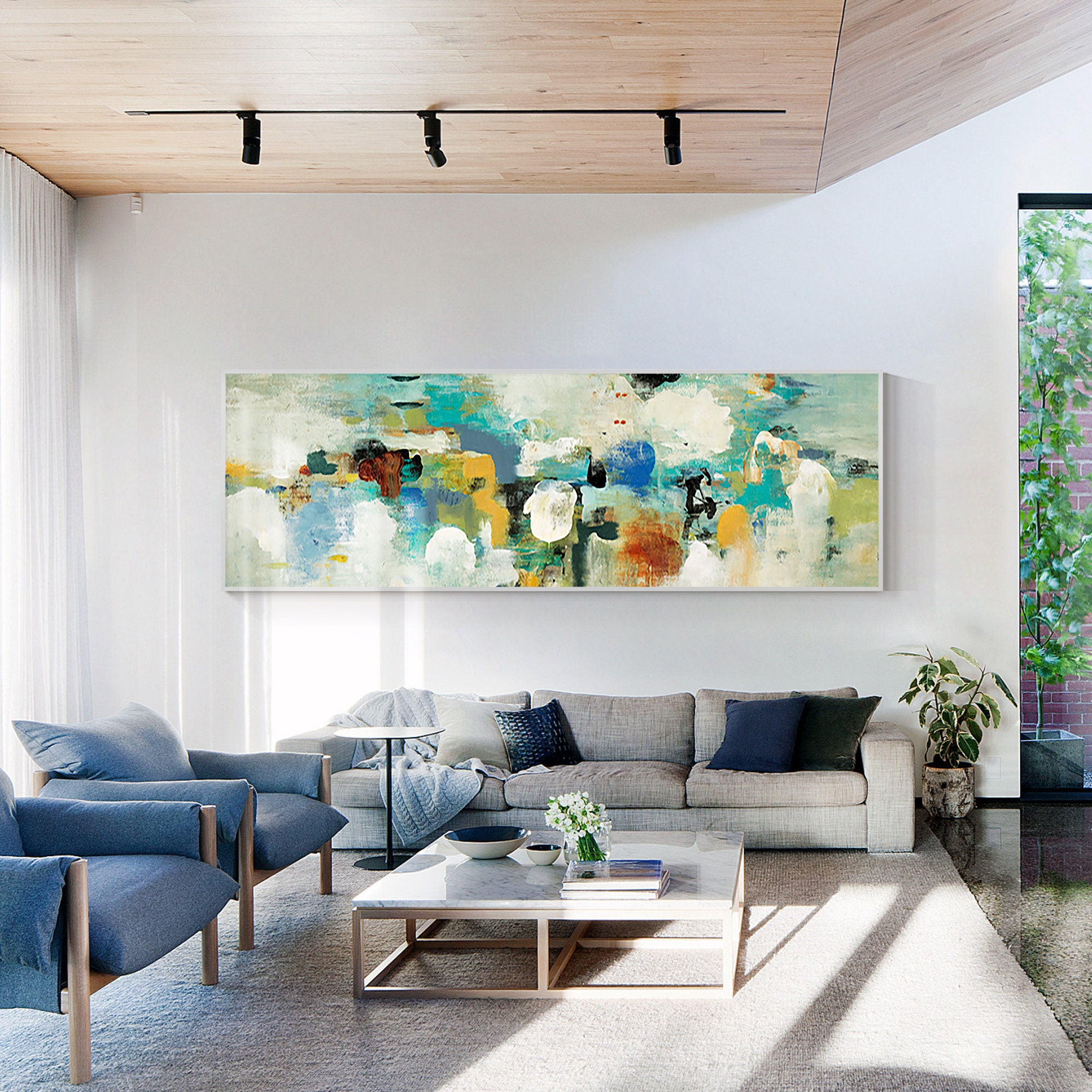 Abstraktes Leinwandbild Blaugrün – Moderner Wanddeko Mit Rahmen, 50x100 Cm, Für Wohnzimmer & Schlafzimmer