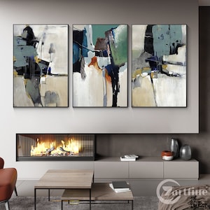 Abstract wall art modern frames abstract set of 3 pieces beige green geometry acrylic painting on canvas wall pictures for home decoration