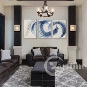 Set of 3 Navy Blue Abstract Wall Art Textured Painting on Canvas Extra Large Original Abstract 3 ...