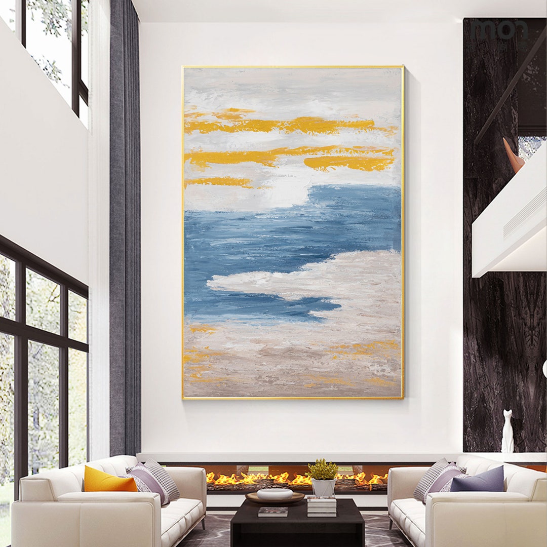 Blue and Yellow Wall Art Modern Abstract Painting on Canvas Large ...