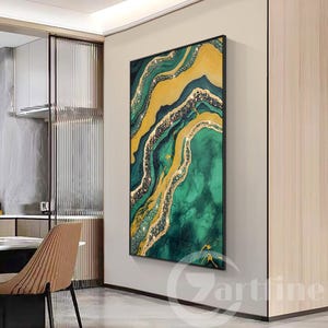 Emerald Green & Gold Resin Wall Art: Abstract Geode Painting