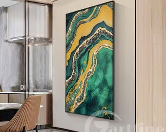 Emerald Green & Gold Resin Wall Art: Abstract Geode Painting