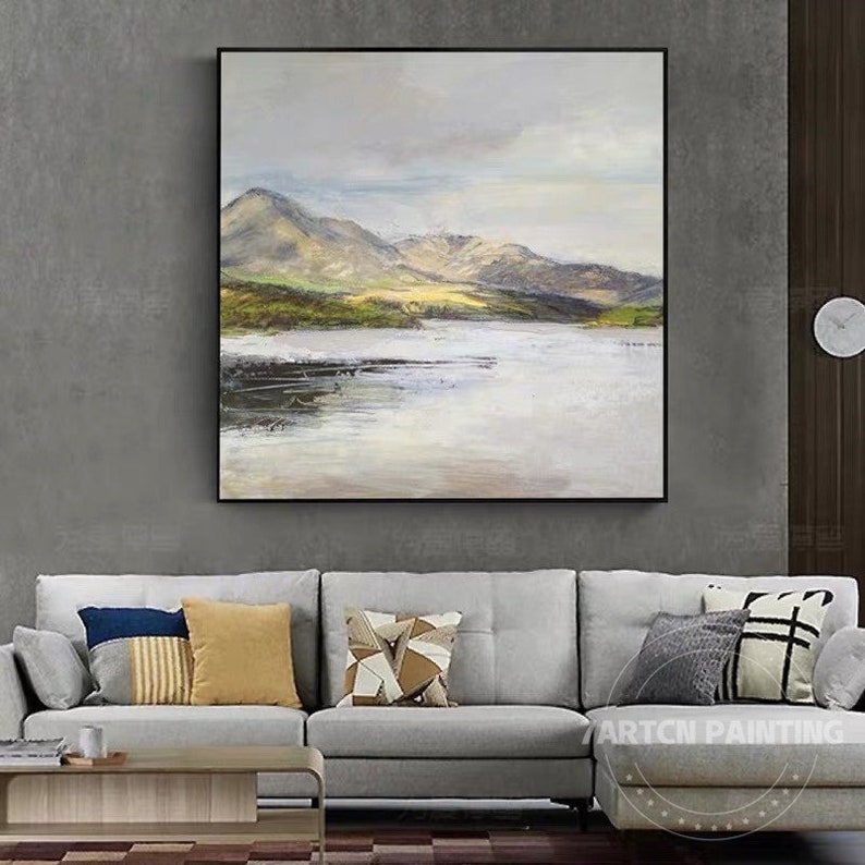 Sage Green and Grey Mountain Lake Wall Art Landscape Acrylic Painting ...