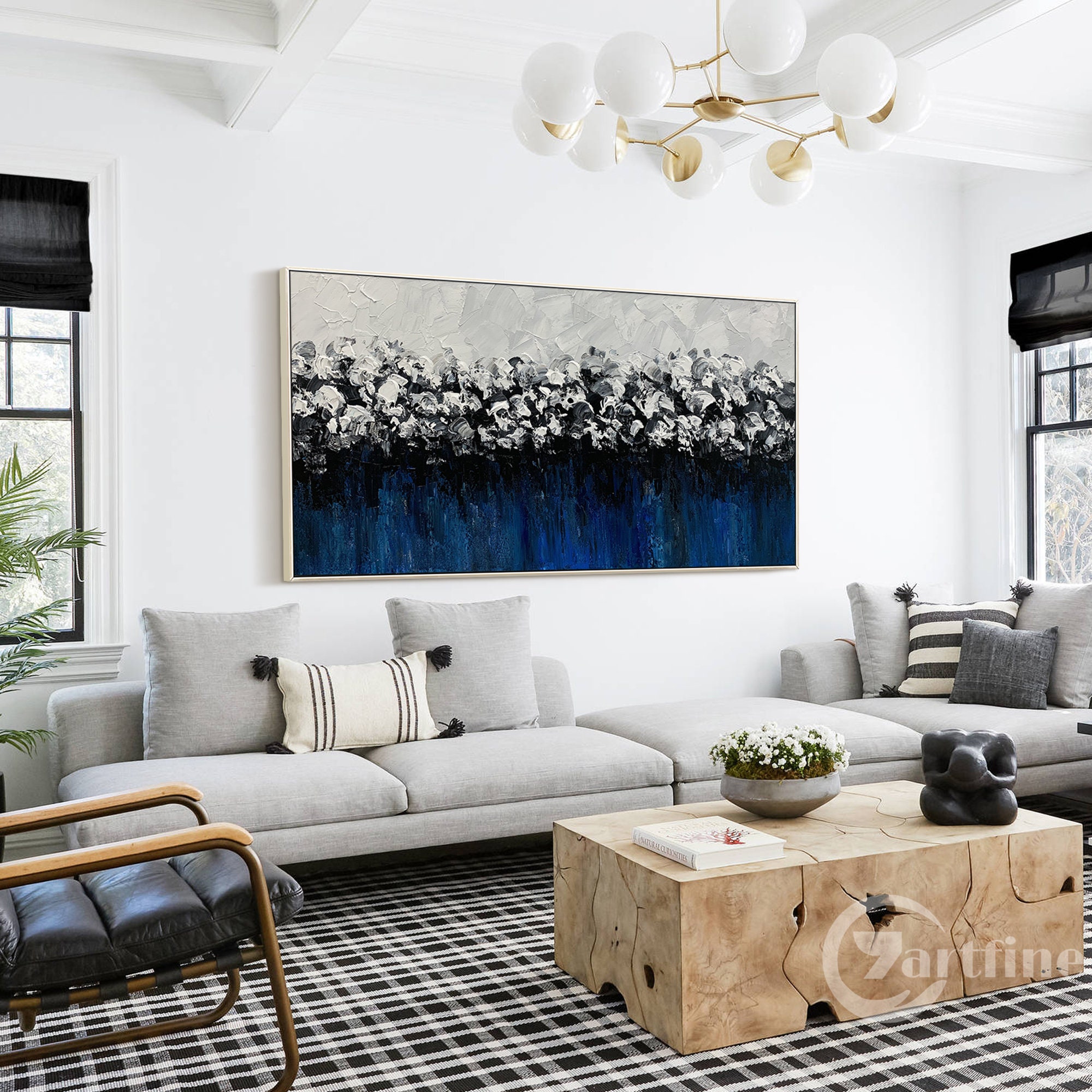 Navy Blue Abstract Painting on Canvas Extra Large Framed Wall Art Long ...