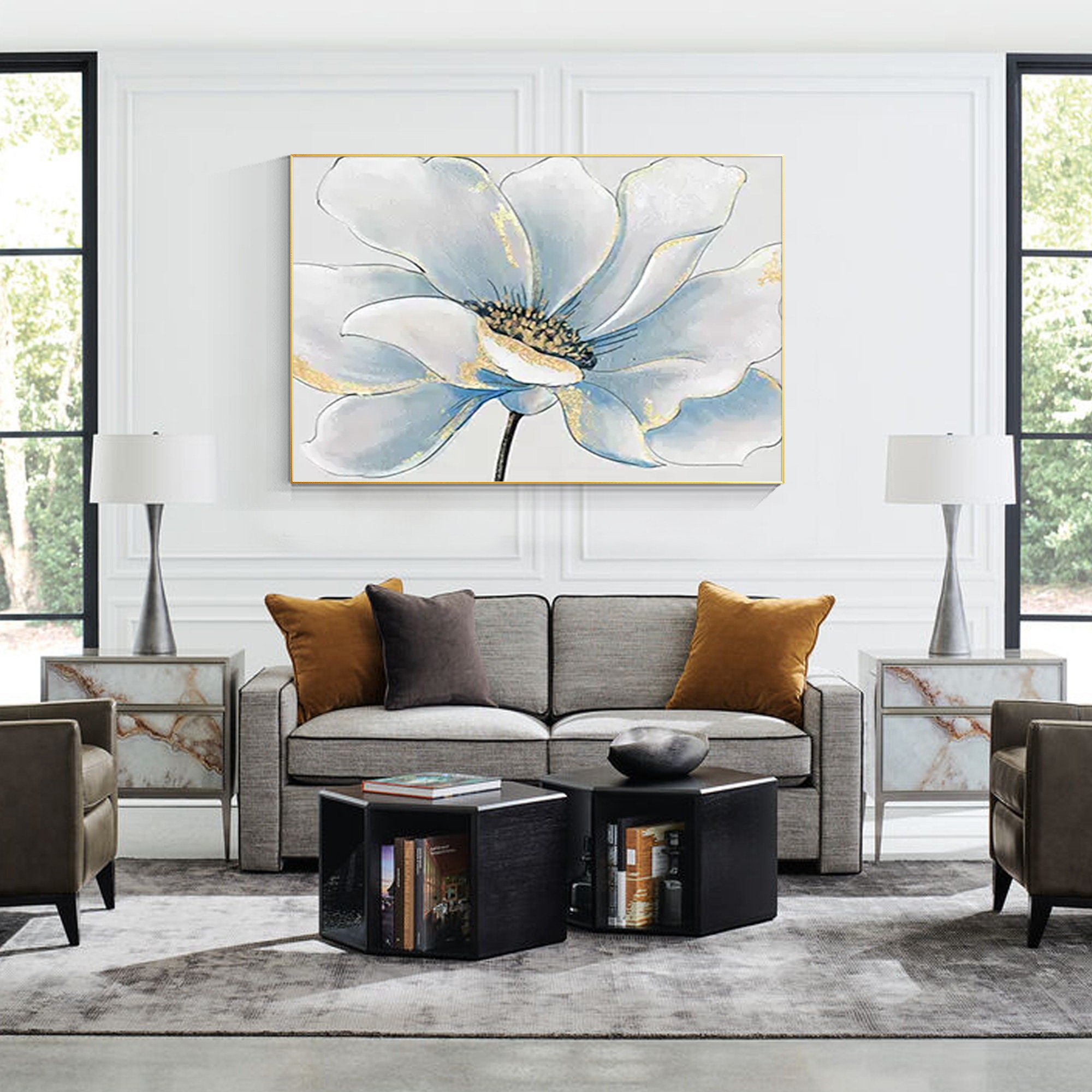 Abstract Blue White Flower Wall Art Grey Floral Paintings on Canvas ...
