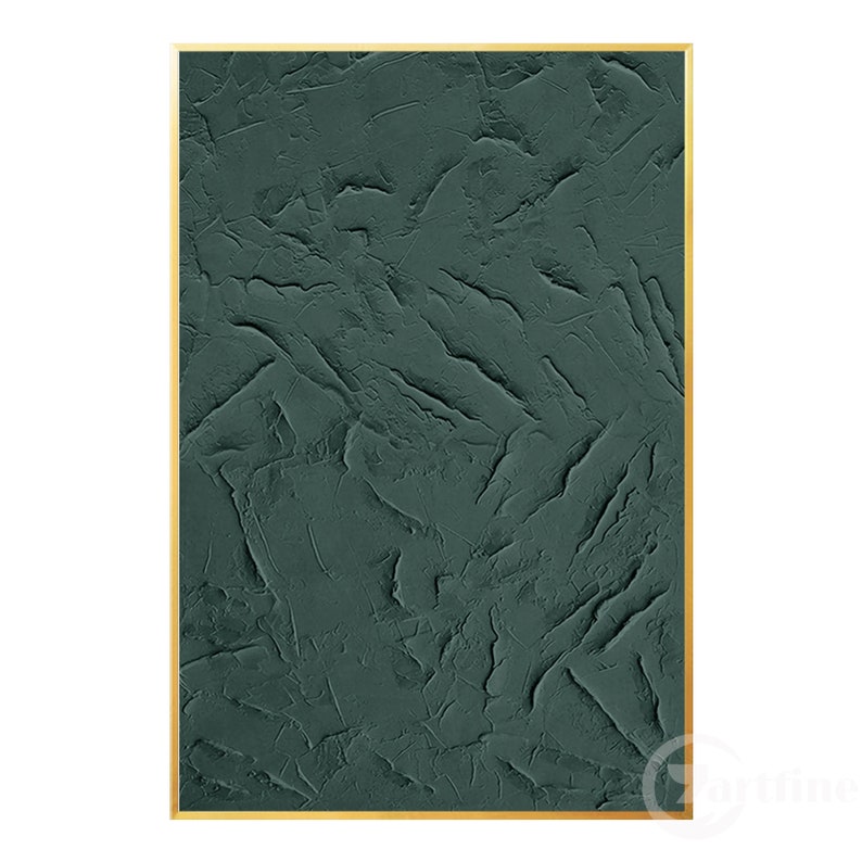 May include: Abstract art print with a textured, dark green background. The print is framed with a thin gold frame.