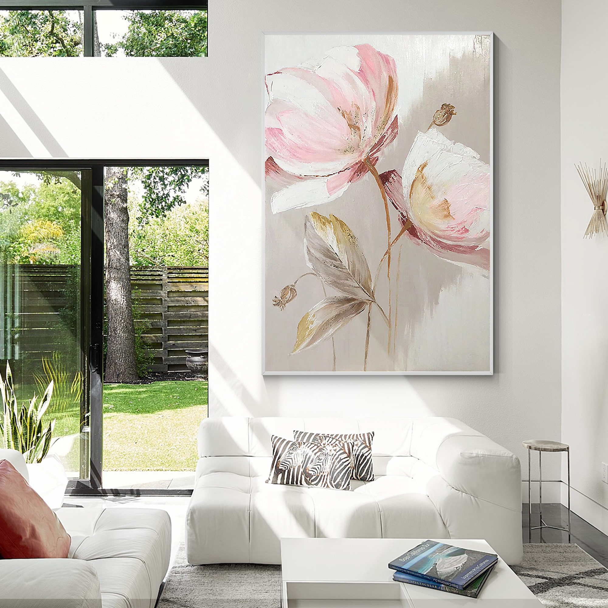 Pink Flower Painting Bloom Canvas Wall Art Textured Gold Floral Wall ...