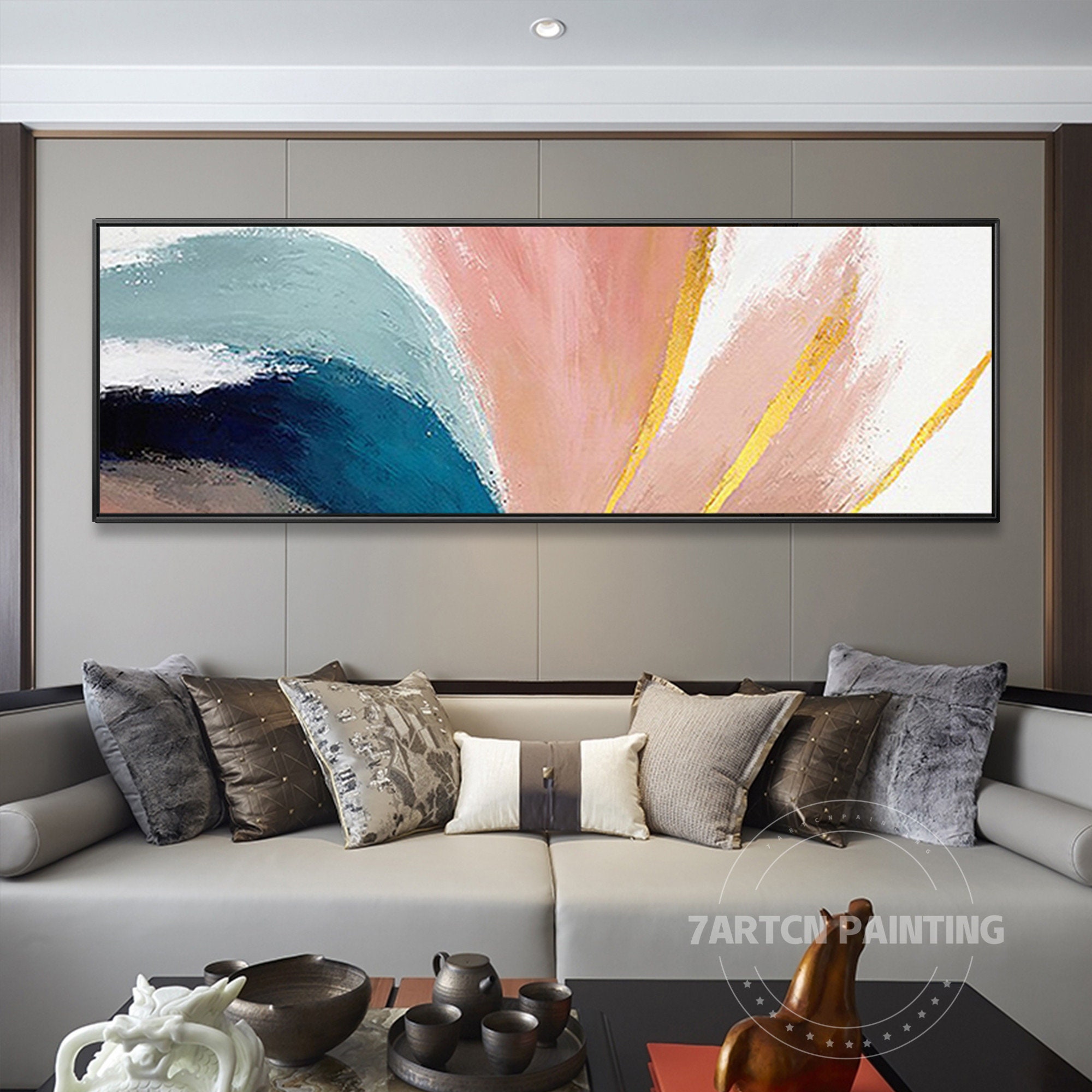 Abstract Painting Coral Pink Gold Art Canvas Painting Boho Wall Art ...