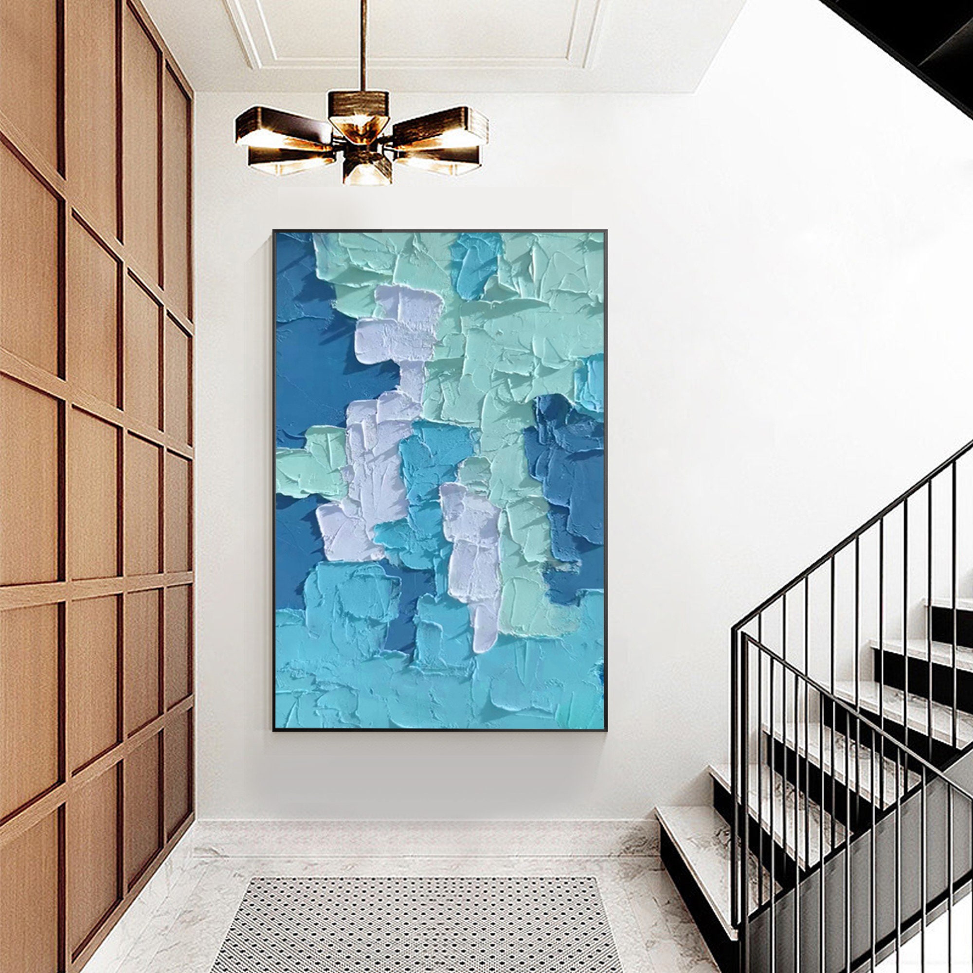 Abstrakte Blaue Leinwand-Kunst 152x76 Cm – Marineblaue Wanddekoration Gerahmt Für Wohnzimmer & Büro