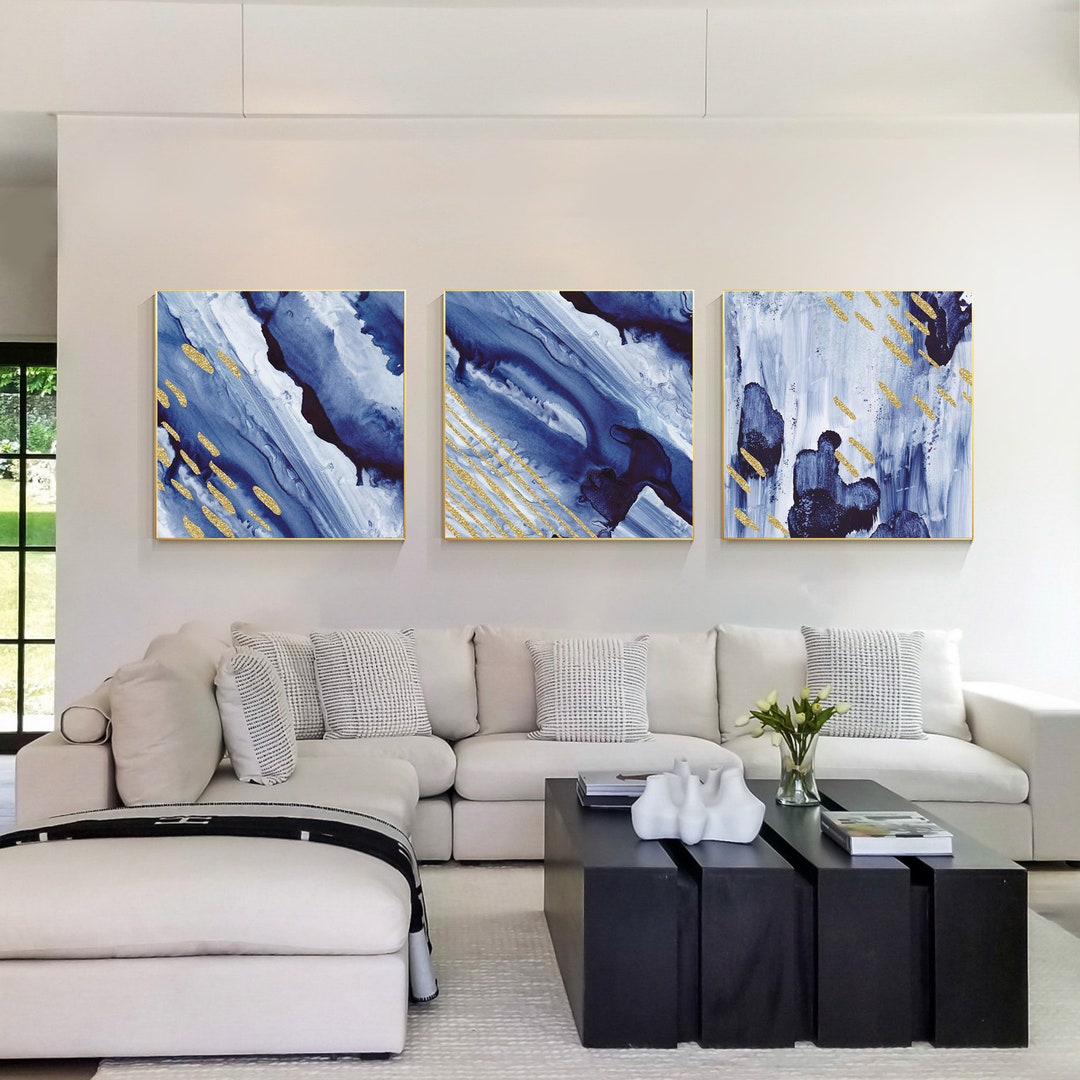 Abstract Blue and Gold Wall Art Set: Modern Framed Paintings - Etsy