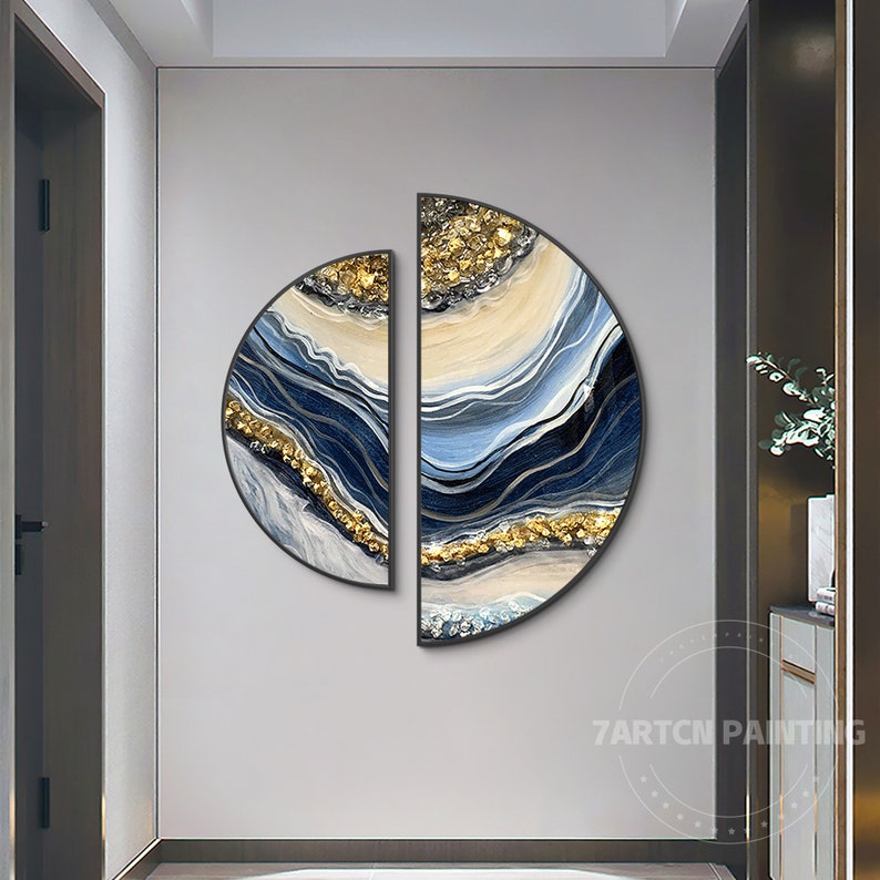Resin Round Art Set of 2 Framed Wall Art Seascape Waves Abstract Gold Blue Silver Waves epoxy Resin Geode Crystal Half Round wall art 3D image 5