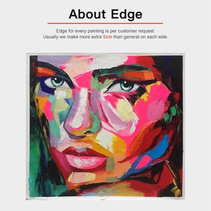 May include: Abstract oil painting of a face with bright colors. The artwork features a woman's face with blue eyes, pink lips, and a vibrant mix of pink, green, and orange hues. The text "About Edge" is at the top.
