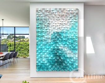 Wood Wall art Blue green Sea Waves mosaic sculpture,Abstract teal painting 3d wall decor framed wall art,Wood sculpture geometric wall art