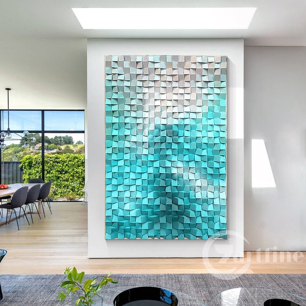 Houten muur kunst blauw groene zee golven mozaïek sculptuur, abstracte Teal schilderij 3D muur decor ingelijste muur kunst, houten sculptuur geometrische muur kunst