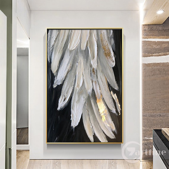 Large Abstract Feather Paintings White Feather Wall Art White Etsy