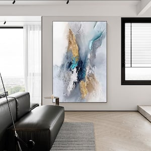 Blue grey Gold Textured Abstract Wall Art, Gold Textured Painting, Blue And Gold Minimalist Wall Decor, Master Bedroom Canvas Art home decor