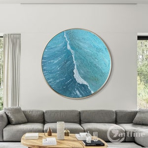 Abstract Blue Ocean Painting: Round Textured Canvas Wall Art