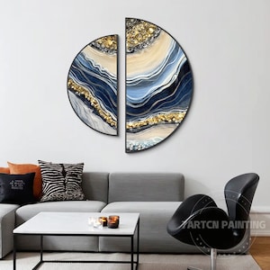 Resin Round Art Set of 2 Framed Wall Art Seascape Waves Abstract Gold Blue Silver Waves epoxy Resin Geode Crystal Half Round wall art 3D image 3