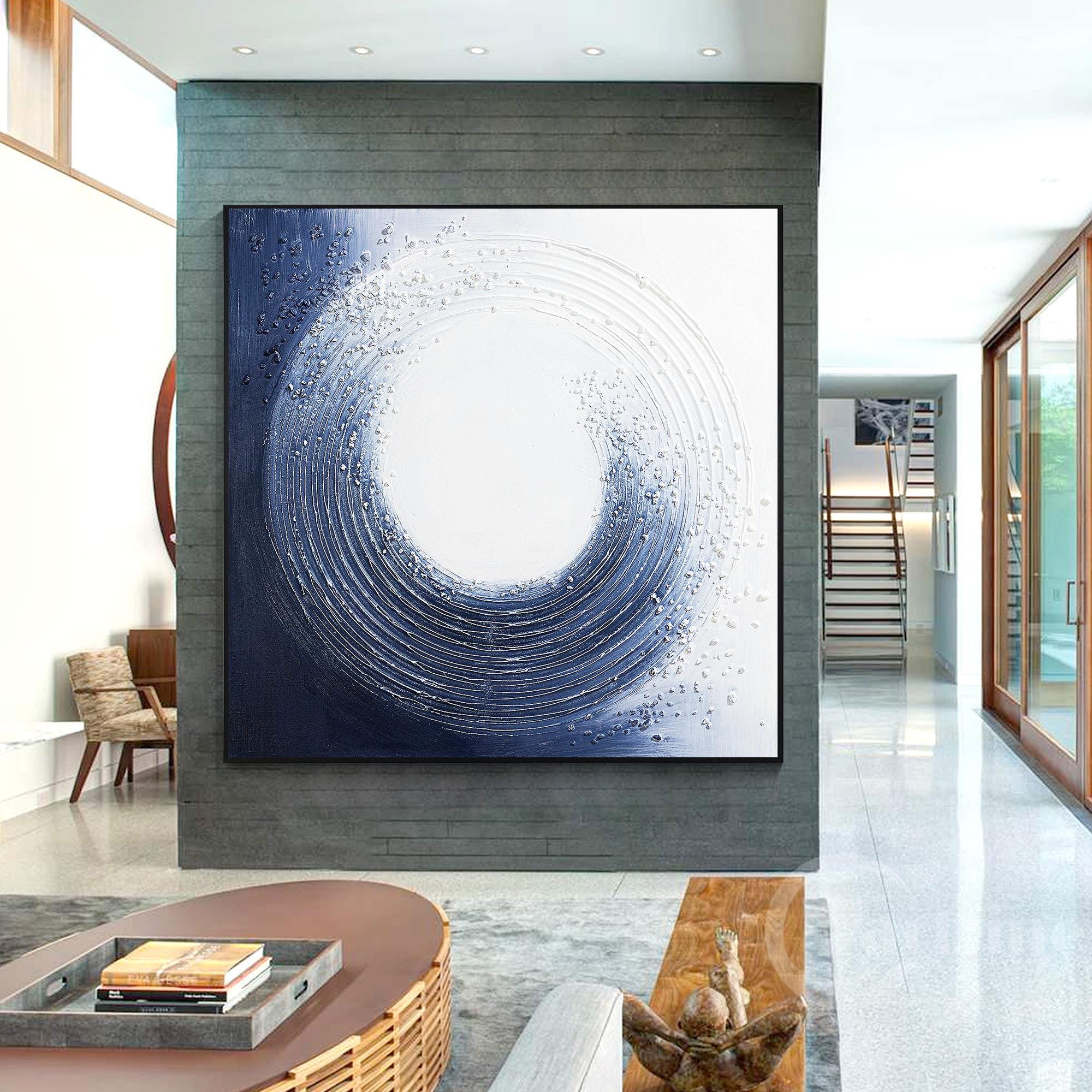 Navy Blue Abstract Canvas Painting Textured Painting Large Framed Wall ...