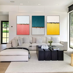 Set of 3 Abstract Pink Blue and Yellow wall art Acrylic painting  on canvas Dopamine Extra Large  wall art contemporary living room decor