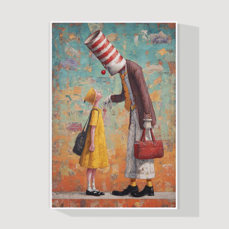May include: An artistic print featuring a tall figure with a striped hat and a red nose, interacting with a child in a yellow dress. The background has a textured, colorful appearance, with a mix of orange, blue, and brown tones. The child carries a black bag.