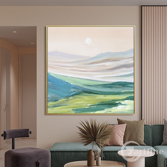 抽象的な風景画、山の太陽の絵画、オリジナルのアクリルキャンバスの