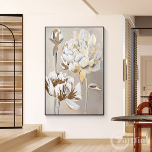 Gold und weiß Abstrakte Blumen Wandkunst Acryl auf Leinwand Florale Wandkunst Große gerahmte Leinwand Kunst Blumen Gemälde Wohnzimmer Dekor