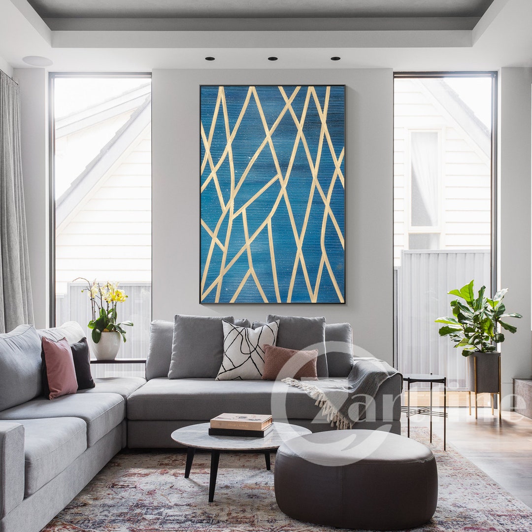 Minimalist Blue Wall Art Modern Abstract Painting on Canvas Large Blue ...