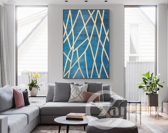 Minimalist Blue Wall Art Modern Abstract Painting On Canvas Large blue and gold  Frame Wall Art Glitter Abstract Wall Art on canvas