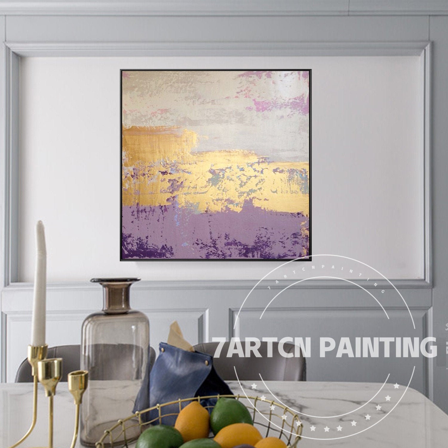 紫と金の抽象画 壁アート 額入り特大オリジナルキャンバス絵画 金の