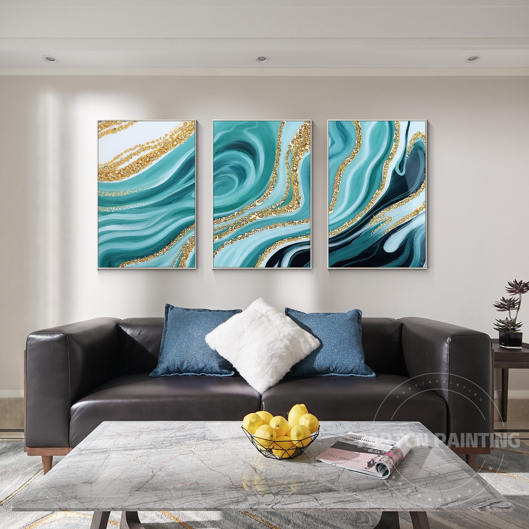 Set of 3 Abstract Resin Art Teal Blue Framed Wall Art Gold Ocean