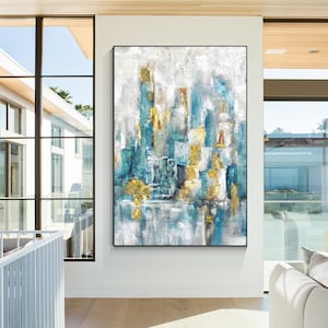 Abstract Blue and gold wall art on canvas Blue gray painting large wall art abstract city wall art textured wall art,living room decor