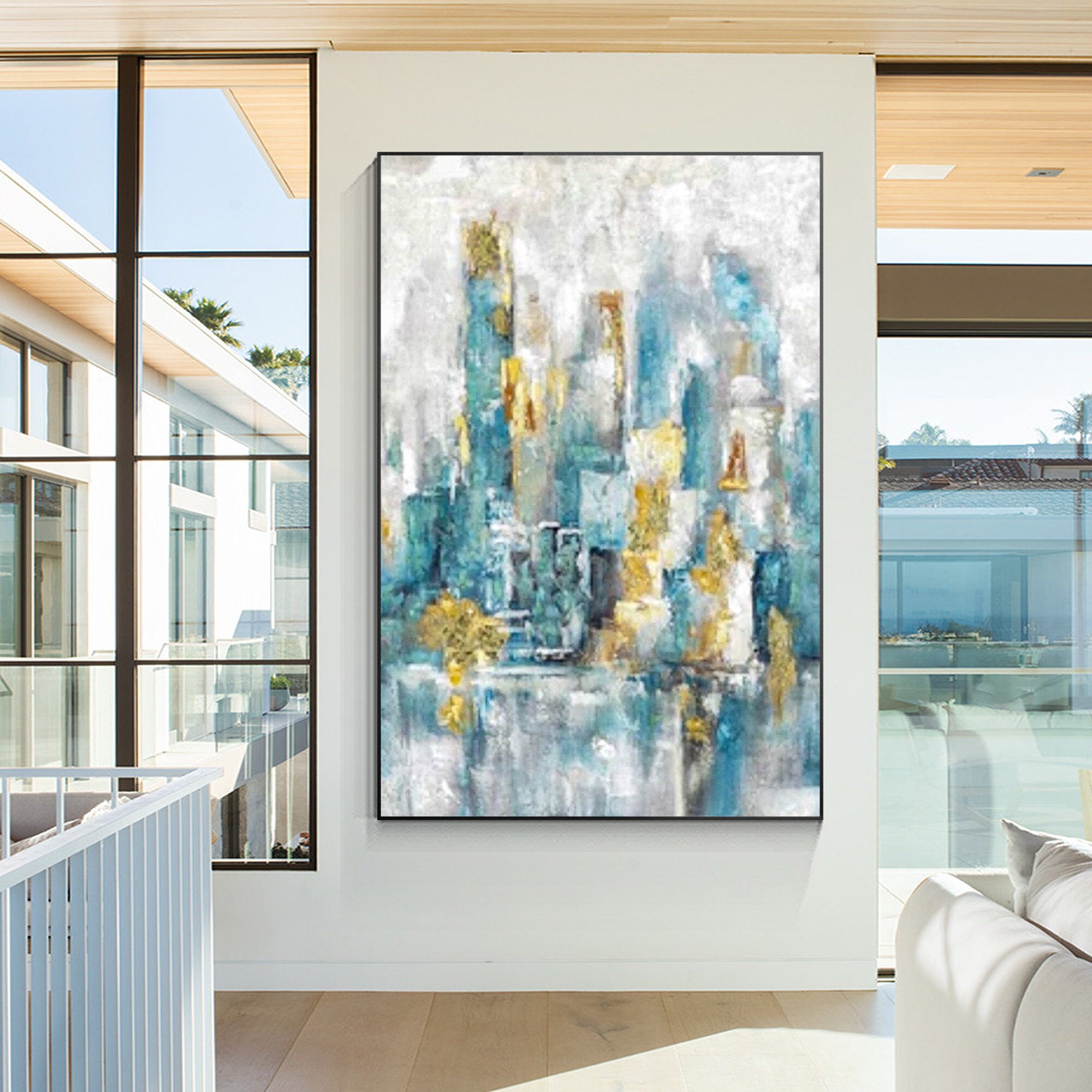 Abstract Blue and Gold Wall Art on Canvas Blue Gray Painting Large Wall ...