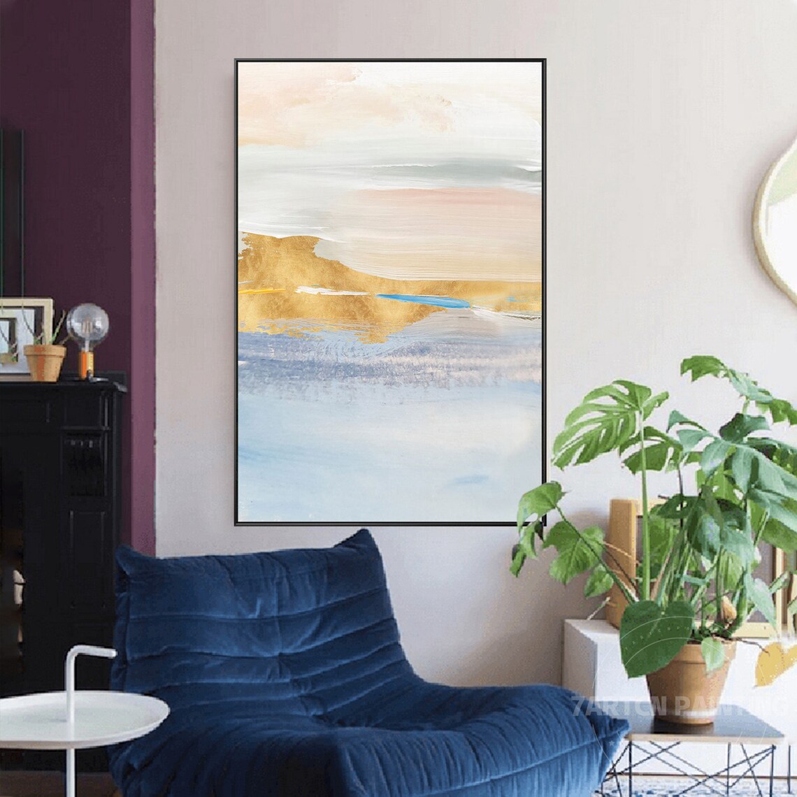 Framed Wall Art Abstract Blue Yellow Gray Beige Landscape Hand Etsy