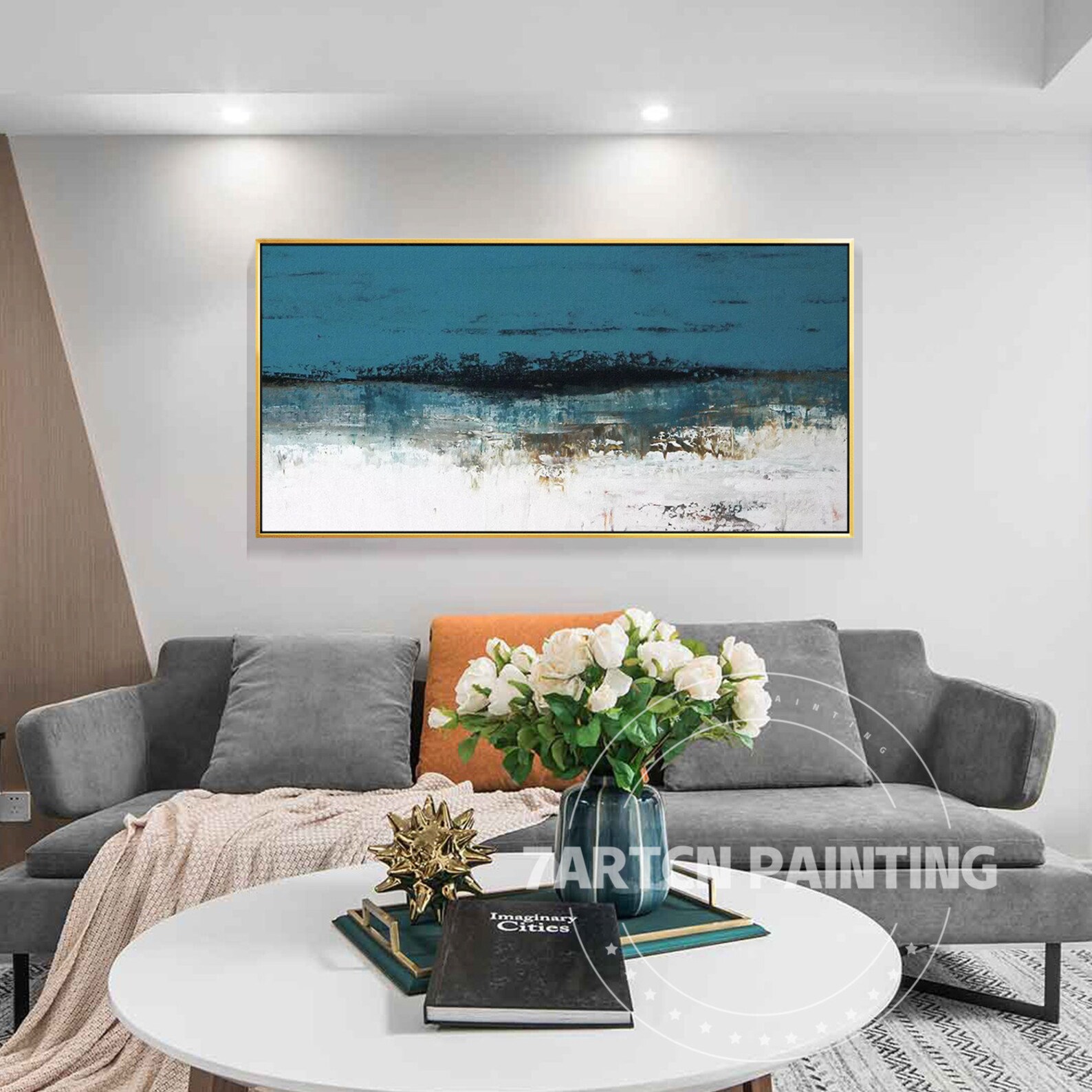 Framed Wall Art Navy Blue Abstract Acrylic Paintings on Canvas Etsy