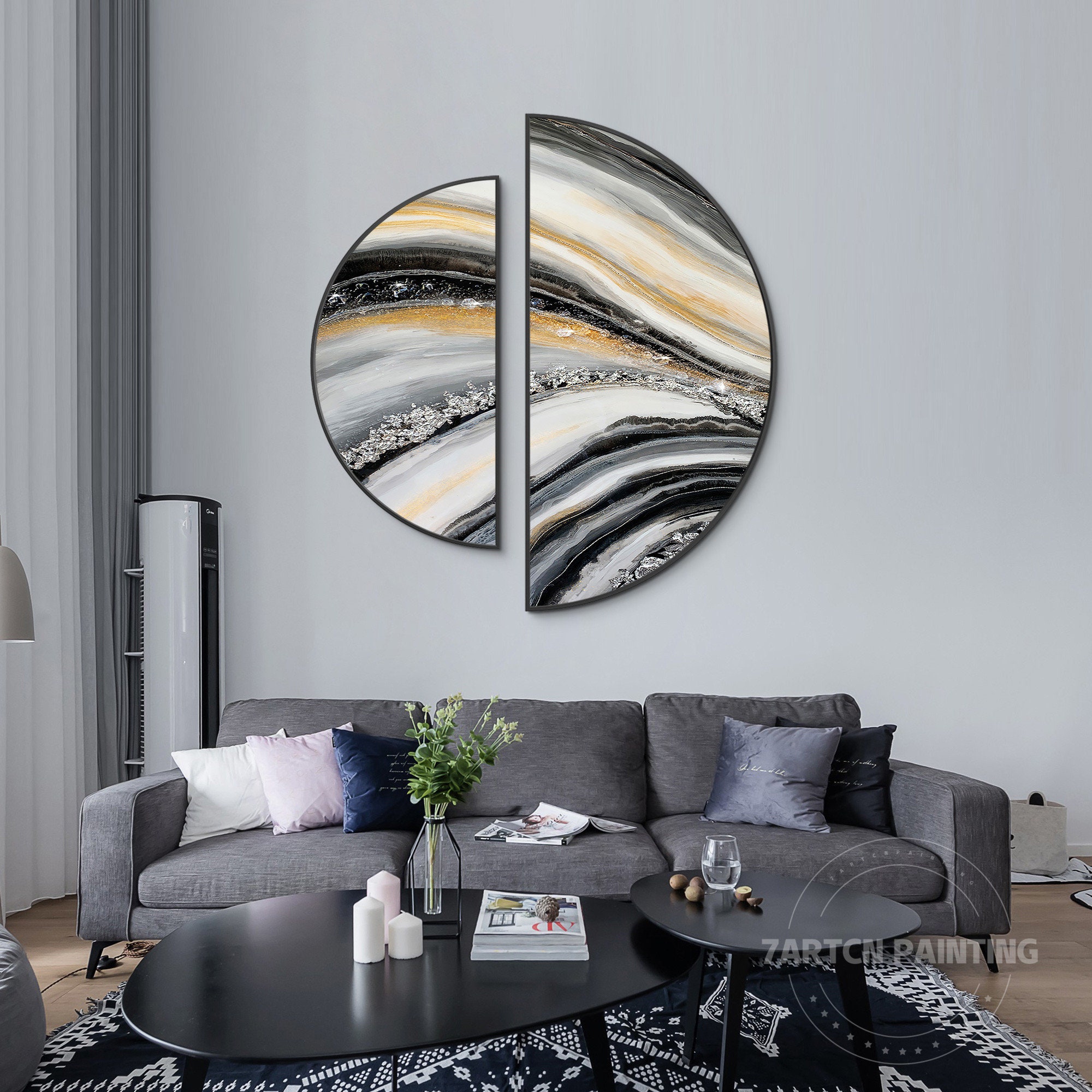 Resin Art Set of 2 Framed Half Round Wall Art Seascape Waves