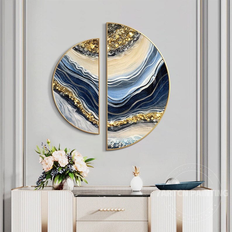 Resin Round Art Set of 2 Framed Wall Art Seascape Waves Abstract Gold Blue Silver Waves epoxy Resin Geode Crystal Half Round wall art 3D image 1