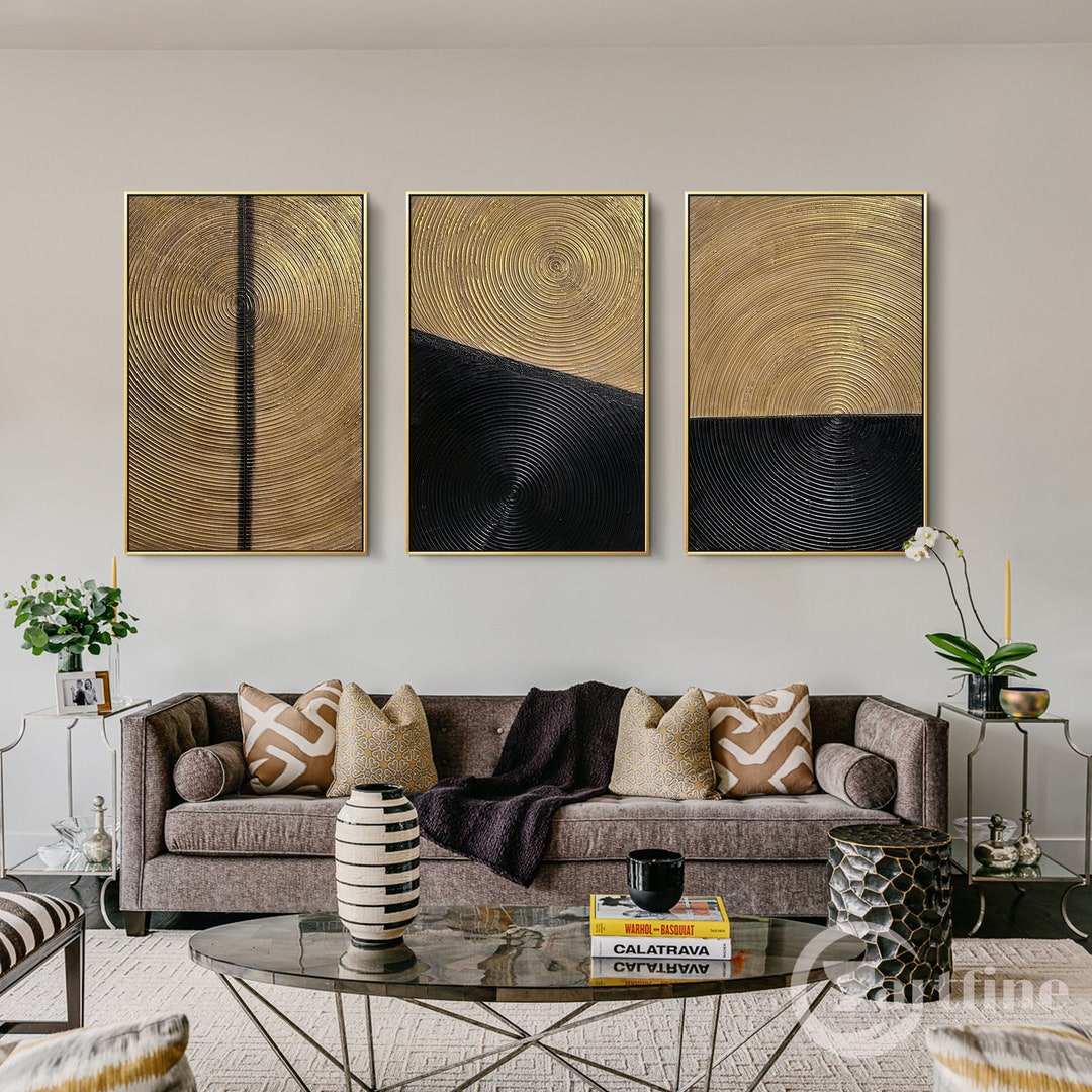 Minimalist Black Gold Wall Art Modern Abstract Set of 3 Pieces Canvas ...
