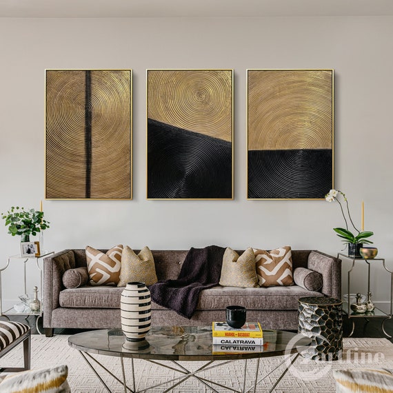 Minimalist Black Gold Wall Art Modern Abstract Set of 3 Pieces | Etsy