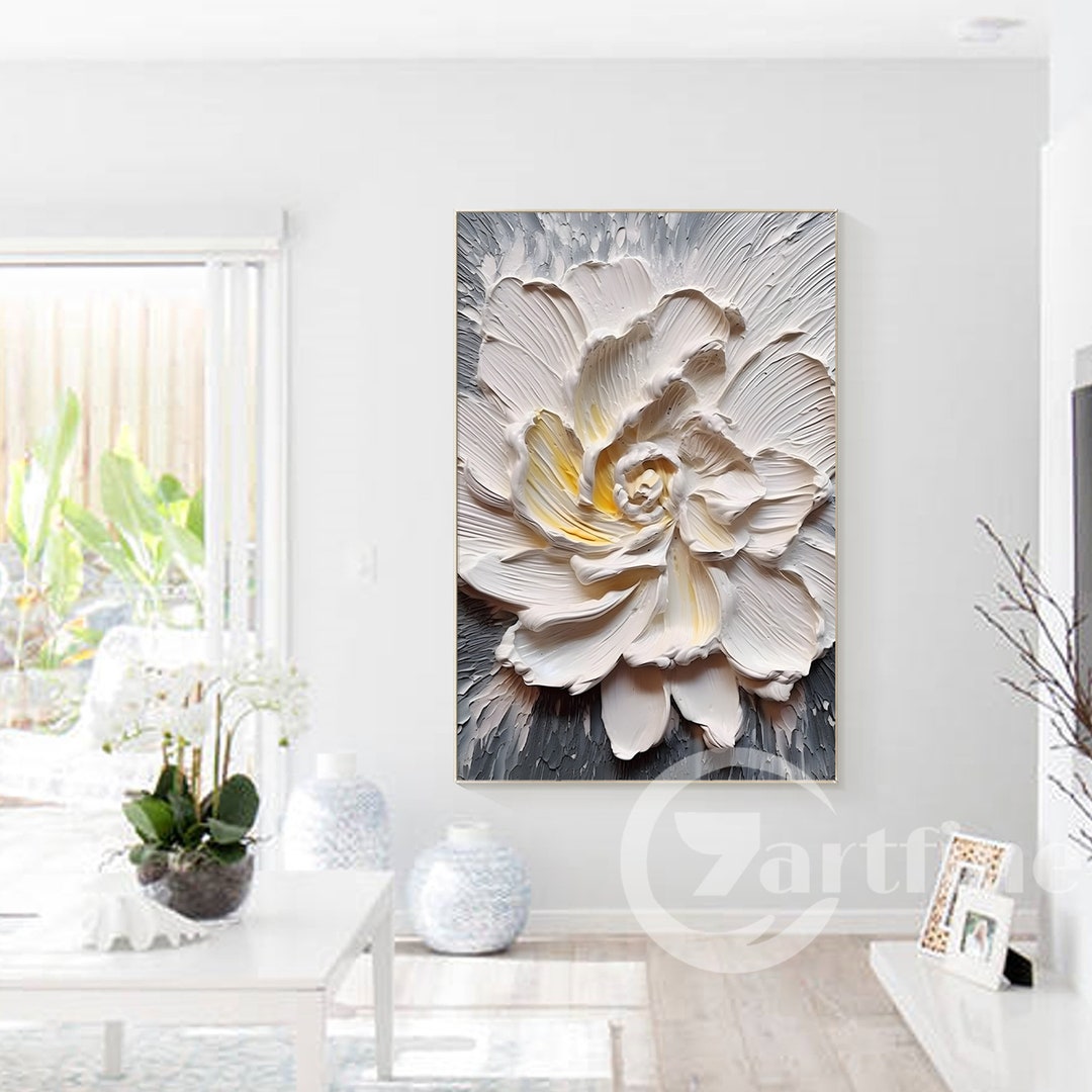 Minimalist White Abstract Floral Art Textured White Wall Art, 3D Canvas