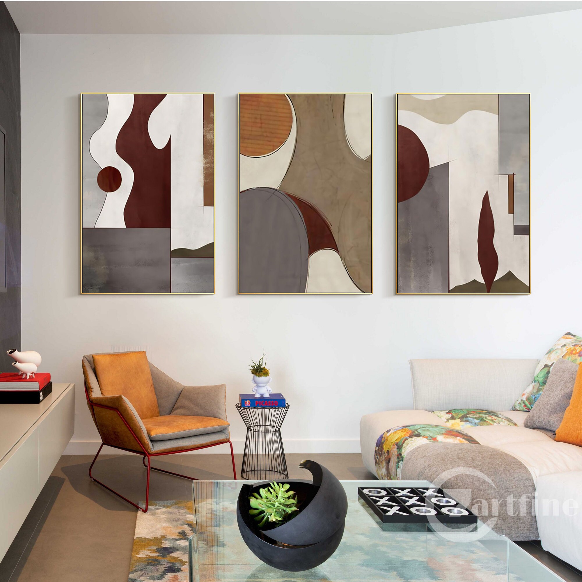 Renditions Gallery Quadro Astratto 3 Pezzi Su Tela - Tramonto Marrone E Blocchi Colorati - Dimensioni Totali 91x190 Cm - Cornice Inclusa - 2