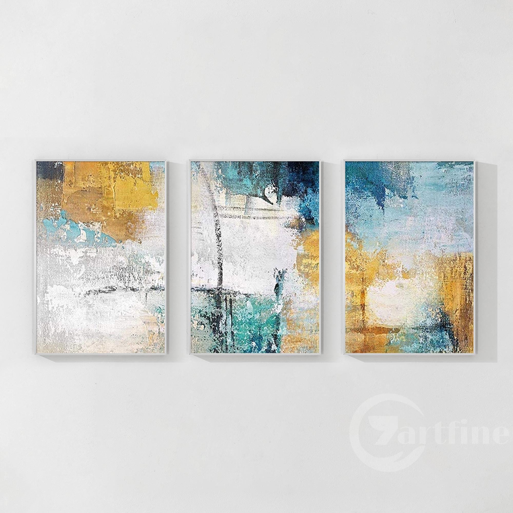 Abstract Blue and Gold Set of 3 Wall Art Gold Gray Extra Large Wall Art ...