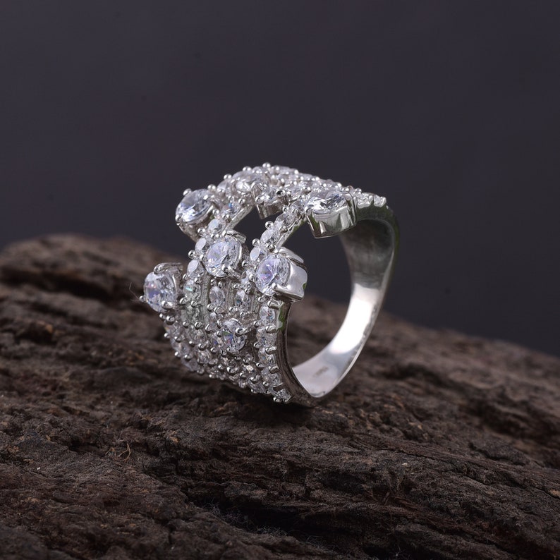 925 Sterling Silver and Zirconia multi row Statement Ring STACKING Rings Bold Stackable band rings Engagement Band Ring Wedding Ring