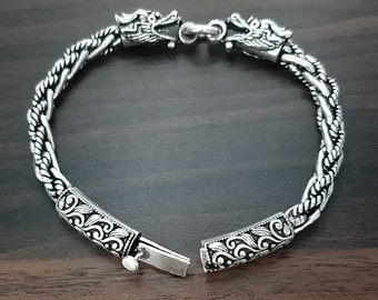 Dragons! Solid 925 Sterling Silver Oxidized Finish Byzantine Men's Chain Dragons Bracelet
